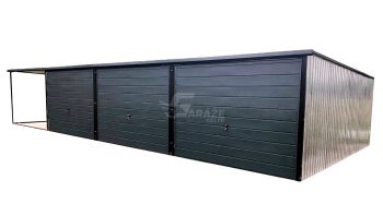 Plechová garáž 9x5 + prístrešok 3x5 - 3x výklopná brána - antracit - strecha spád dozadu GP163