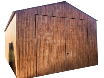 Plechová garáž 5x9 - Dvojkrídlové dvere - 3x okno - imitácia dreva - strecha dvojspádová (sedlová) GP127