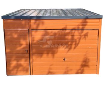 Plechová garáž 4x5 m - výklopná brána - dvere - svetlá hnedá - strecha spád dozadu GP199