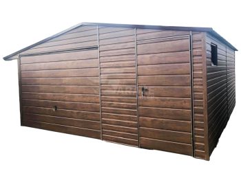 Plechová garáž 5x5 - výklopná brána - dvere - okno - imitácia dreva - strecha dvojspádová (sedlová) GP197