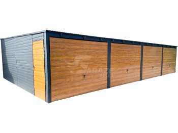 Rad garáží - Plechová garáž 12x6m - 4x výklopná brána - dvere - antracit - orech svetlý - imitácia dreva - strecha spád dopredu GP482