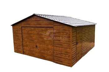 Plechová garáž 5x6 m - výklopná brána - dvere - škridľoplech - imitácia dreva - strecha dvojspádová (sedlová) GP99