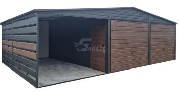 Plechová garáž 6x6m - prístrešok 3m - 2x výklopná brána - dvere - antracit - orech tmavý - imitácia dreva - strecha dvojspádová (sedlová)  GP683